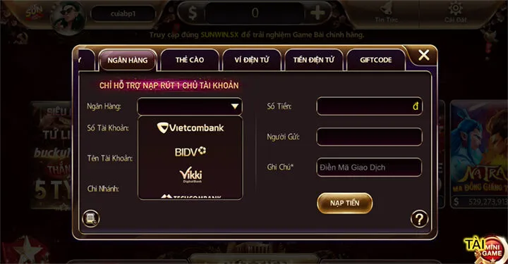 Các vấn đề quan trọng khi thực hiện nạp tiền Sunwin